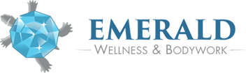 A green background with the words emeia wellness and spa written in blue.